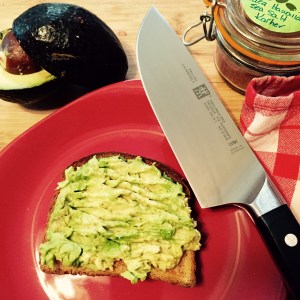 My fancy new Henckels Pro knife contributed to today's healthy lunch: smashed avocado on low-calorie wheat bread with a sprinkling of Hawaiian pink sea salt!